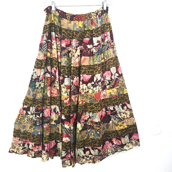 Vintage 80s 90s Brown Animal Floral Patchwork Boho Gypsy Maxi Broom Skirt - Picture 7 of 9